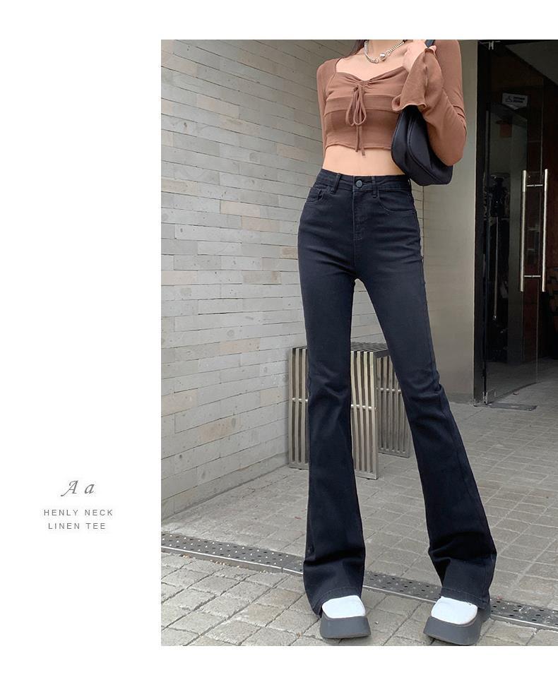 High-Waisted Blue-Gray Micro-Flare Jeans for Petite Women - 2025 Autumn Slimming Bell-Bottom Design