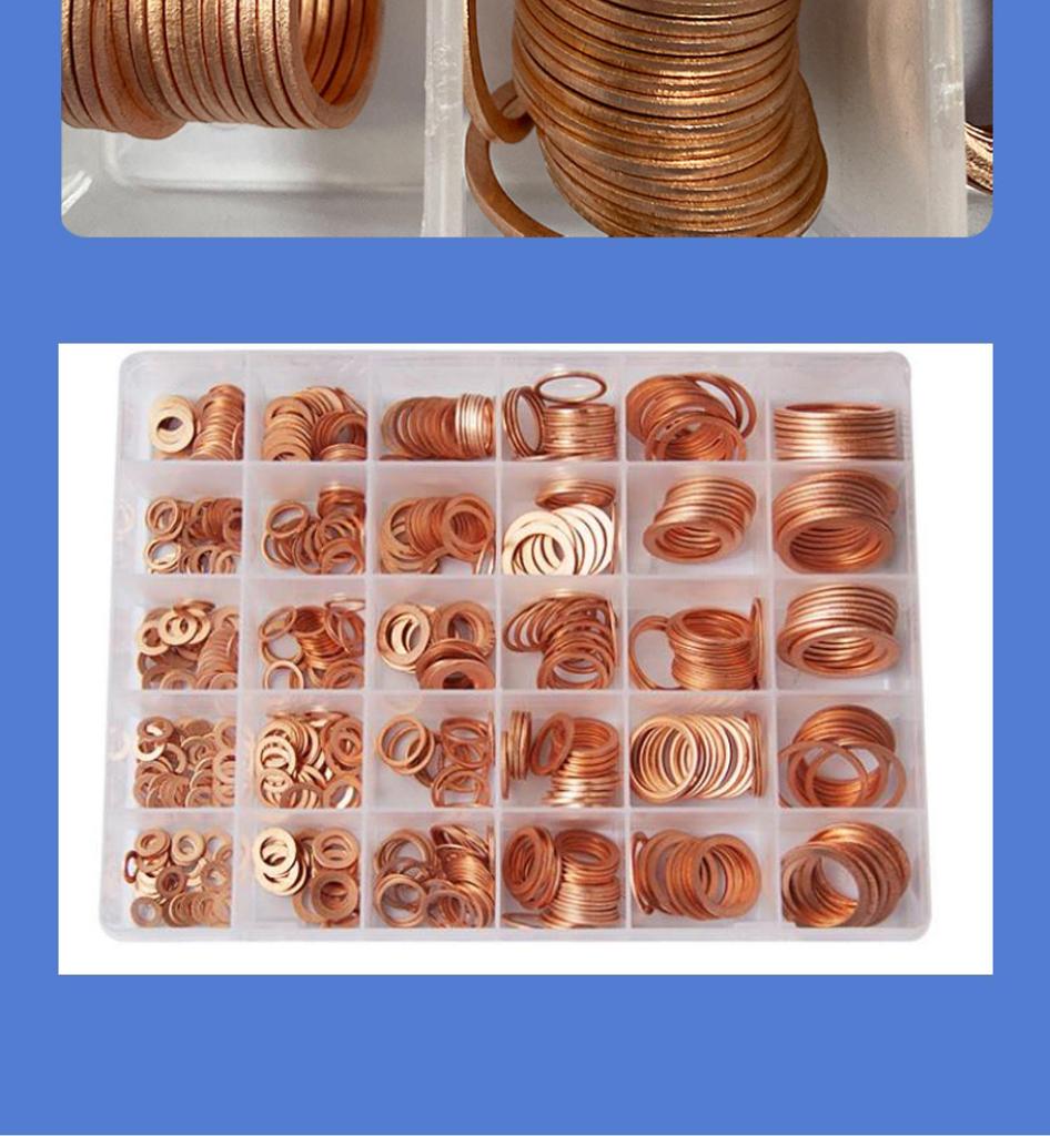 Red Copper Ring Gasket Repair Kit - Auto Parts Toolbox with Flat Gaskets