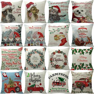 Merry Christmas Pillow Cover Wreath Letter Linen Cushion Case Cover for Christmas Holiday