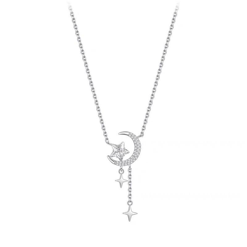 925 Silver Star Moon Tassel Necklace , Fashionable Cubic Zirconia Pendant for Women Daily Wear Gift 925 silver белый