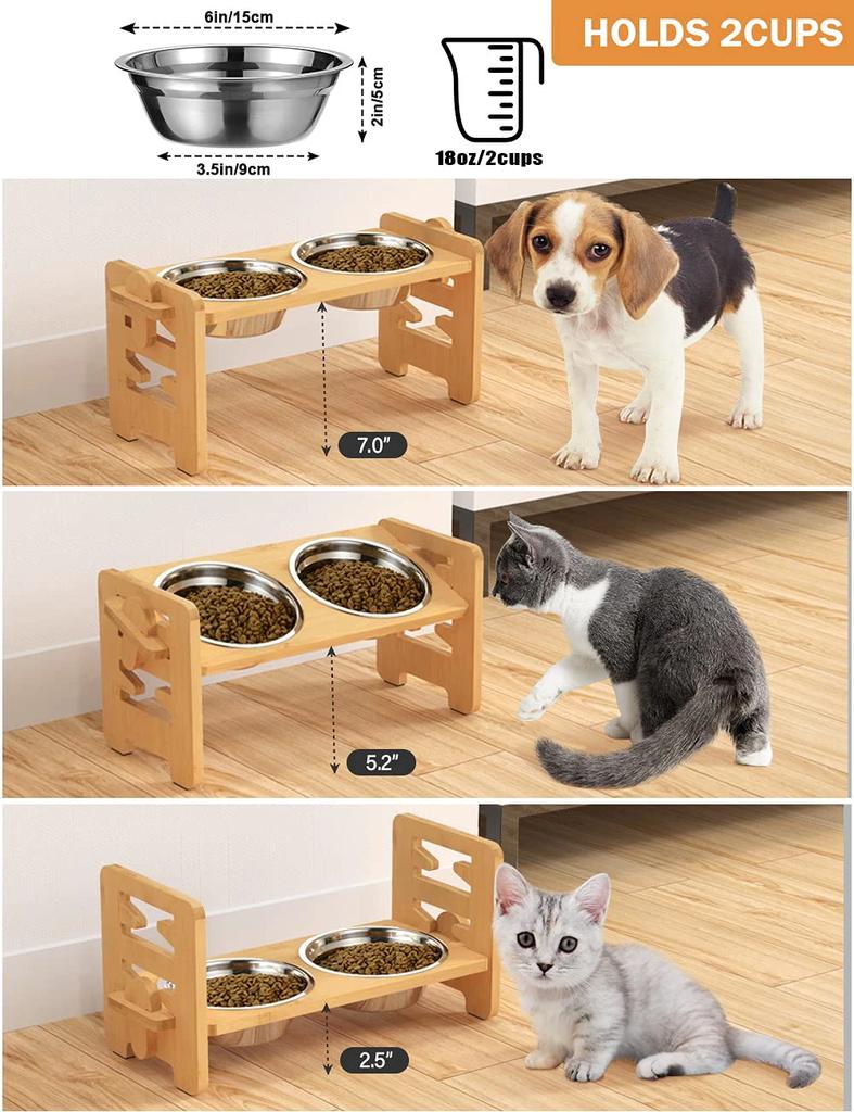 Nice Elevated Stainless Dog Bowls with Bamboo Stand Tilted Adjustable Raised Puppy Cat Food Water Bowls Holder Pet Feeder Accessories