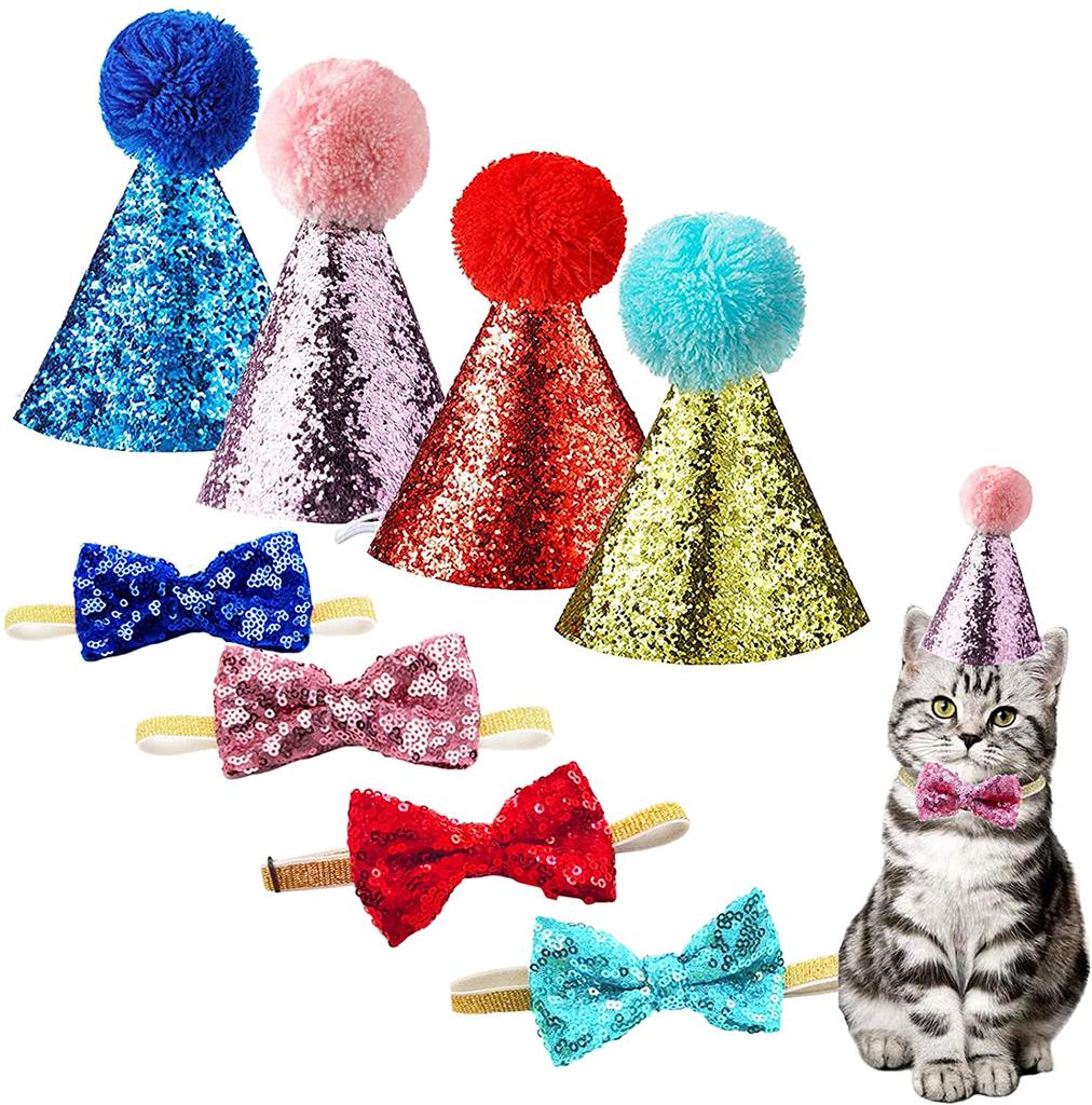 2022 Cute Pet Birthday Caps With Bowknot Cat Dog Costume Sequin Headwear Cap Hat Christmas Party Pets Accessories Decoration