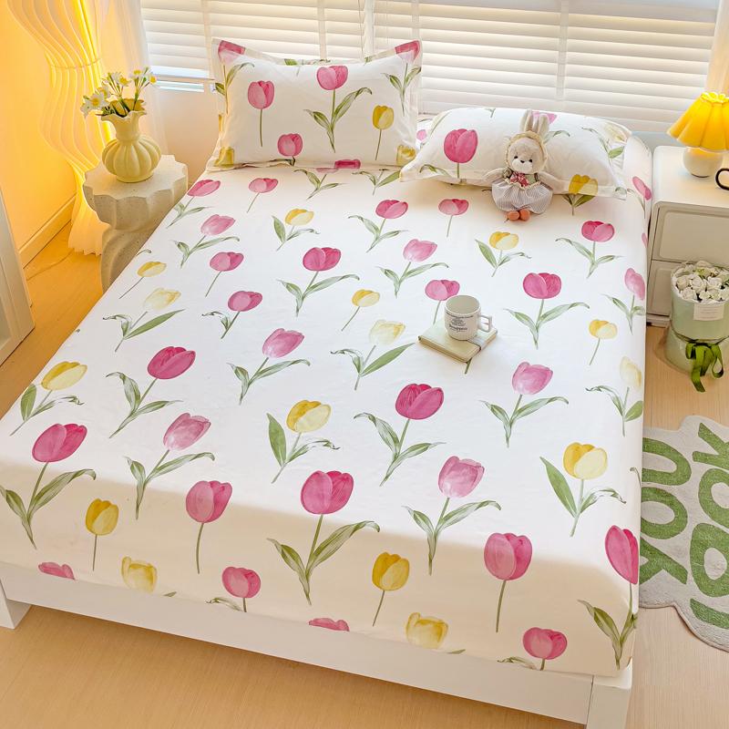 Queen Bed Sheets Set Tulips Printed drap de lit Floral Flower Style Fitted Sheet with Elastic Band Single Bed Linen for King Bed