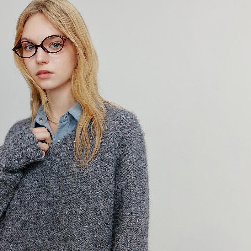 Chuyu Women's Loose V-Neck Sequin Wool Blend Knit Sweater