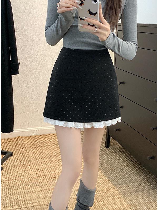 Plus Size Women's Retro Lace Trim Polka Dot Wool Blend Bodycon Mini Skirt