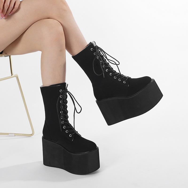 Women Wedge Boots Plush Warm Winter Boots Suede Women Mid-calf Boots Lace Up Gothic Boot 11cm Height Increasing Platform Booties
