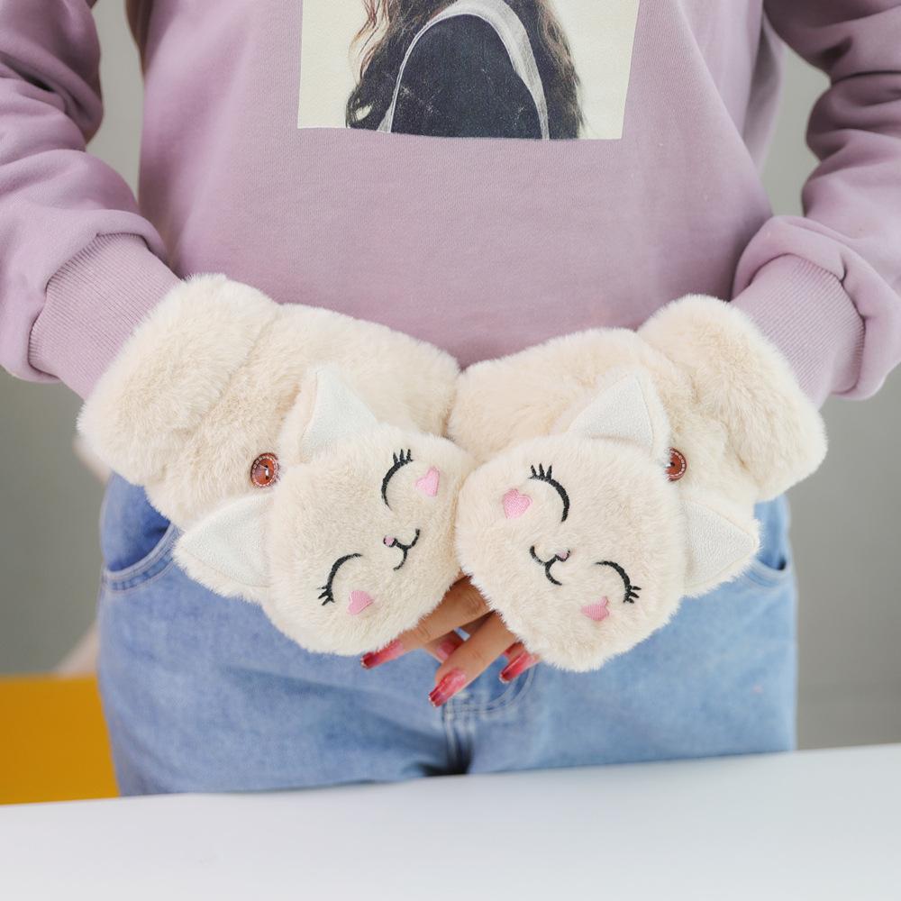 Cute Cat Fur Mittens Women Winter Gloves for Girls Animal Ear Flip Plush Glove Fingerless Thicken Warm Mittens