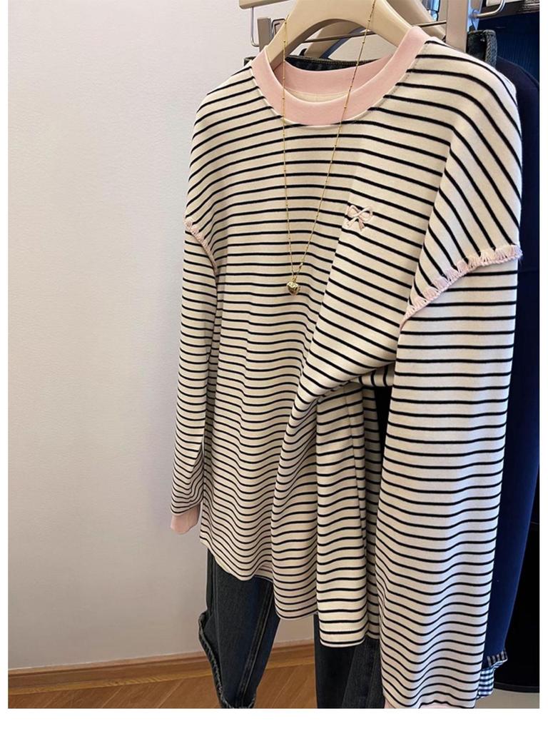 Women's Striped Bow Long-Sleeve Casual Top - Relaxed Fit, Plus Size, Autumn/Winter