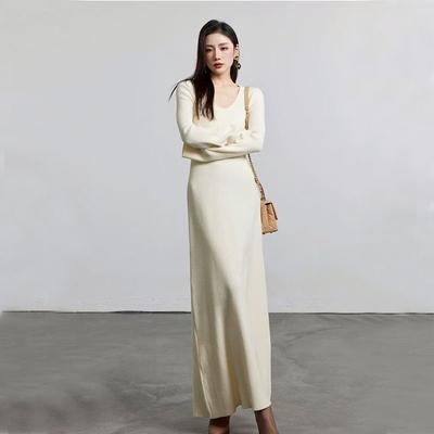 Autumn Pullover Solid Color V-neck Pit Strip Knitted Dress for Women In Autumn and Winter Bottom Long Waist Pack Hip Skirt