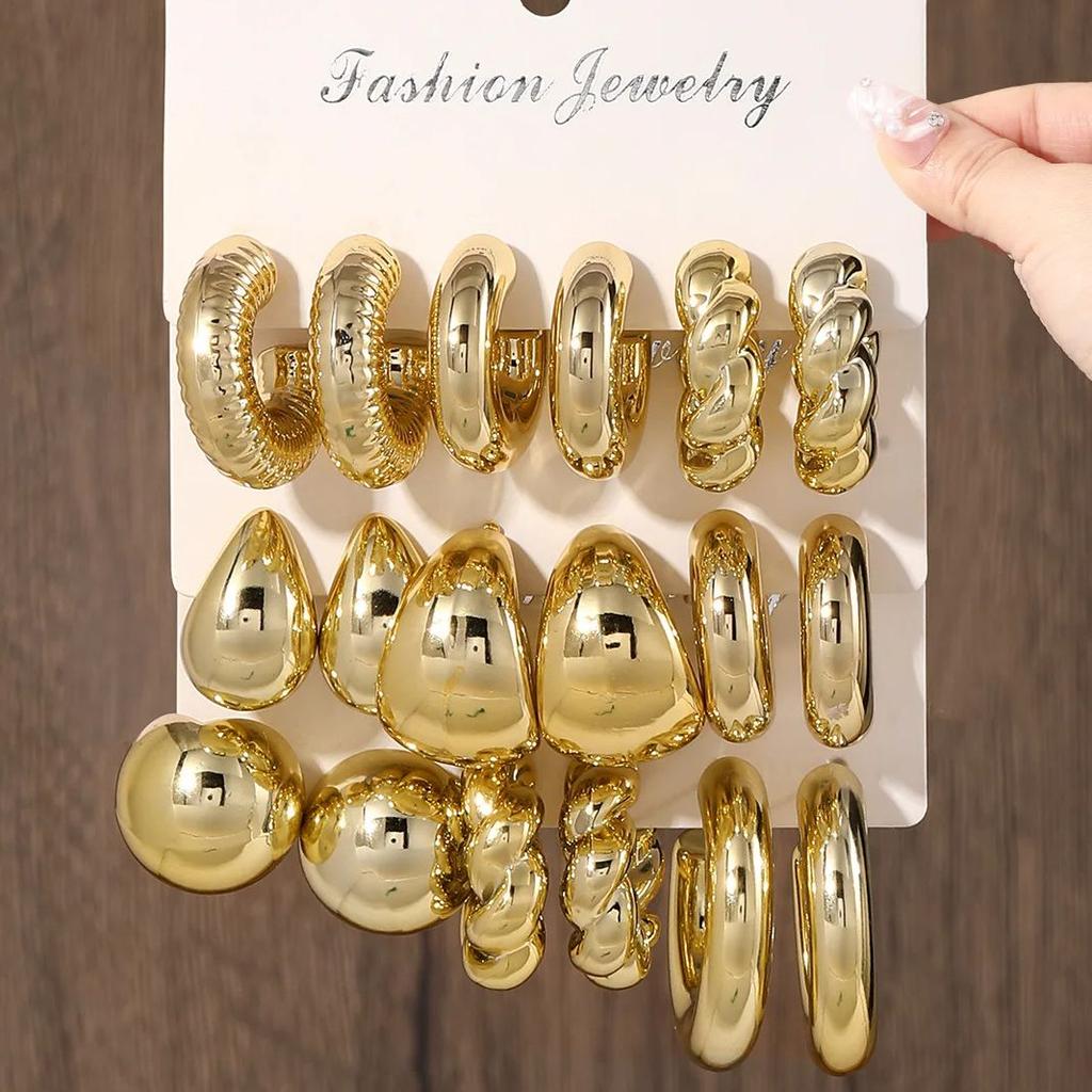 9 Pairs Of Fashionable  Ring Fried Dough Twists Water  Earrings Suitable For Women's Daily Wear