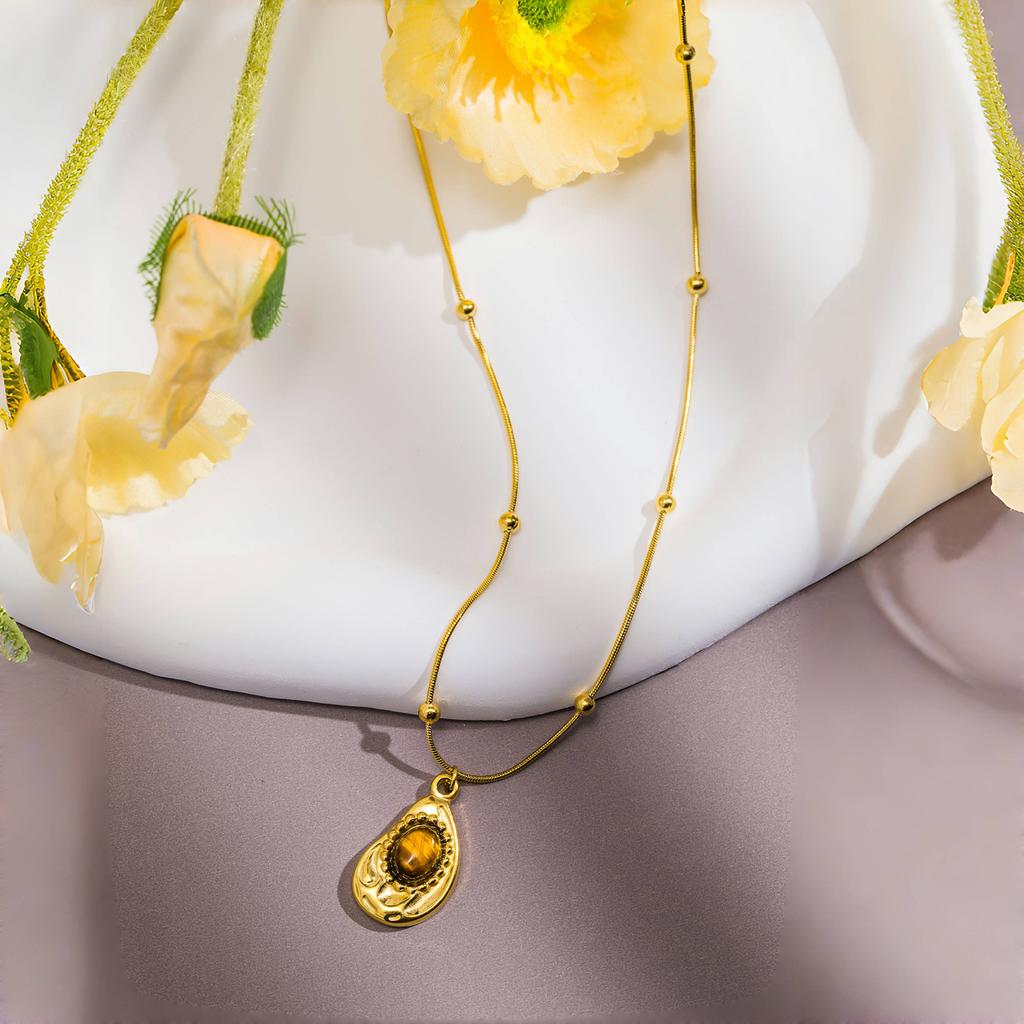 Fashion Natural Tiger's-eye Stone Water Droplet Pendant Necklace Stainless Steel Choker Women PVD Plated Waterproof Jewelry