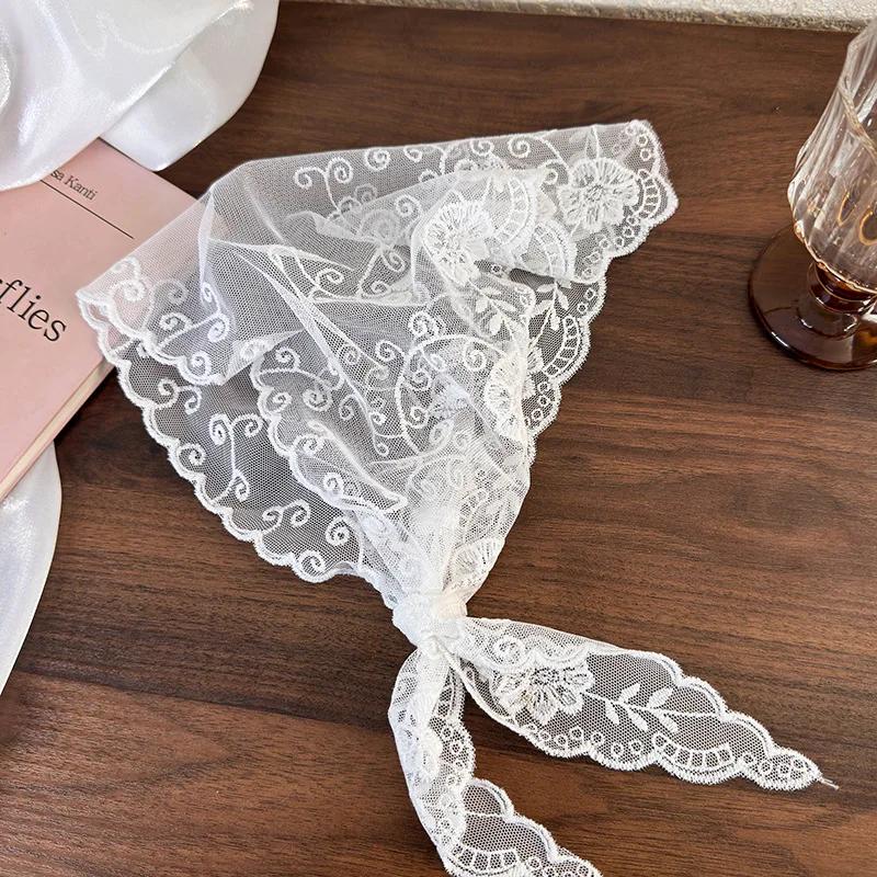 Summer White Woven Floral Lace Hair Scarf Wraps Women Retro Triangle Headscarf Hat Travel Photo Headband Hair Accessories