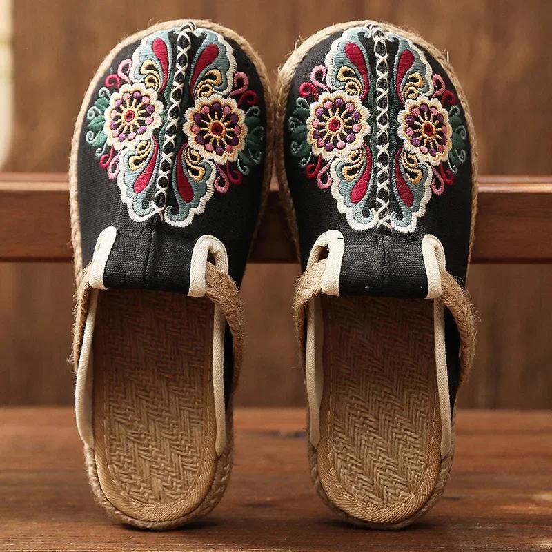 Fashion 2025 Women Casual Linen Handmade Embroidery Mules Flat Slippers Retro Vegan Summer Ladies Canvas Comfortable Espadrille Shoes