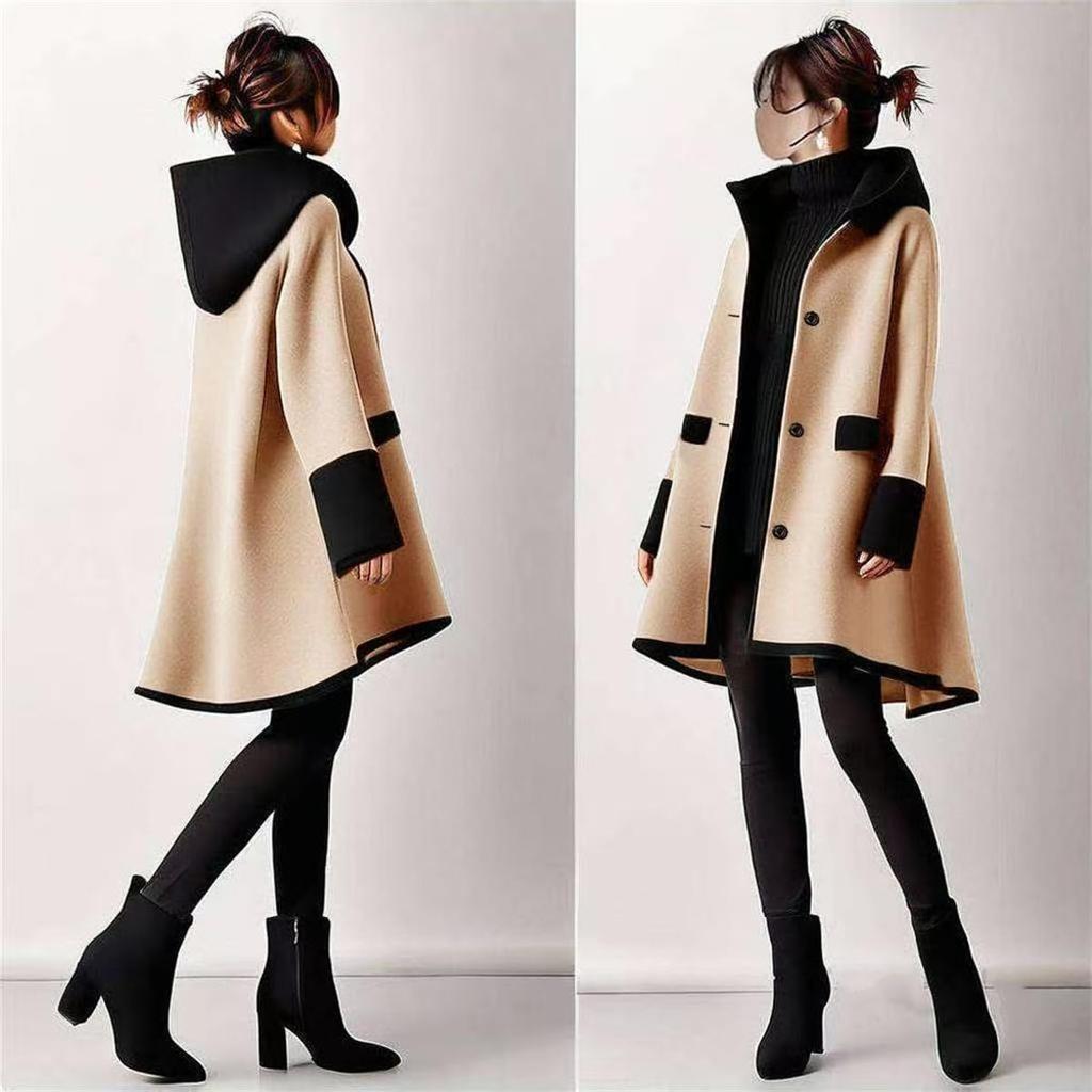 [YUANYUAN] Women's Color-Matching Trench Coat, Long Outerwear, Long Jacket, Hooded, Glue Neck, Long Sleeves, Single Button, Windproof, Casual, Relaxed