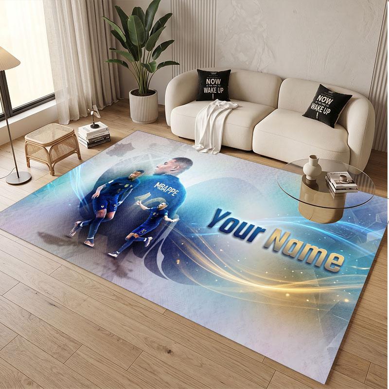 Custom Rug Kylian Mbappe Pattern Print Name Text Soft Non‑Slip Floor Carpet for Home Indoor Decoration