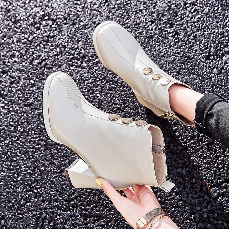 2024 Weiß Knöchel Rock Basic Reißverschluss Marke Damen Schuhe Hoher Absatz Stiefel Stiefel-Damen Runde Zehenpartie Mode Stiletto Gummi Damen