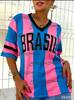 Summer New Vintage Brazil Style Print Women V-Neck T Shirt Patchwork Short Sleeve Sports Tees Football Jersey Y2K New Maternity