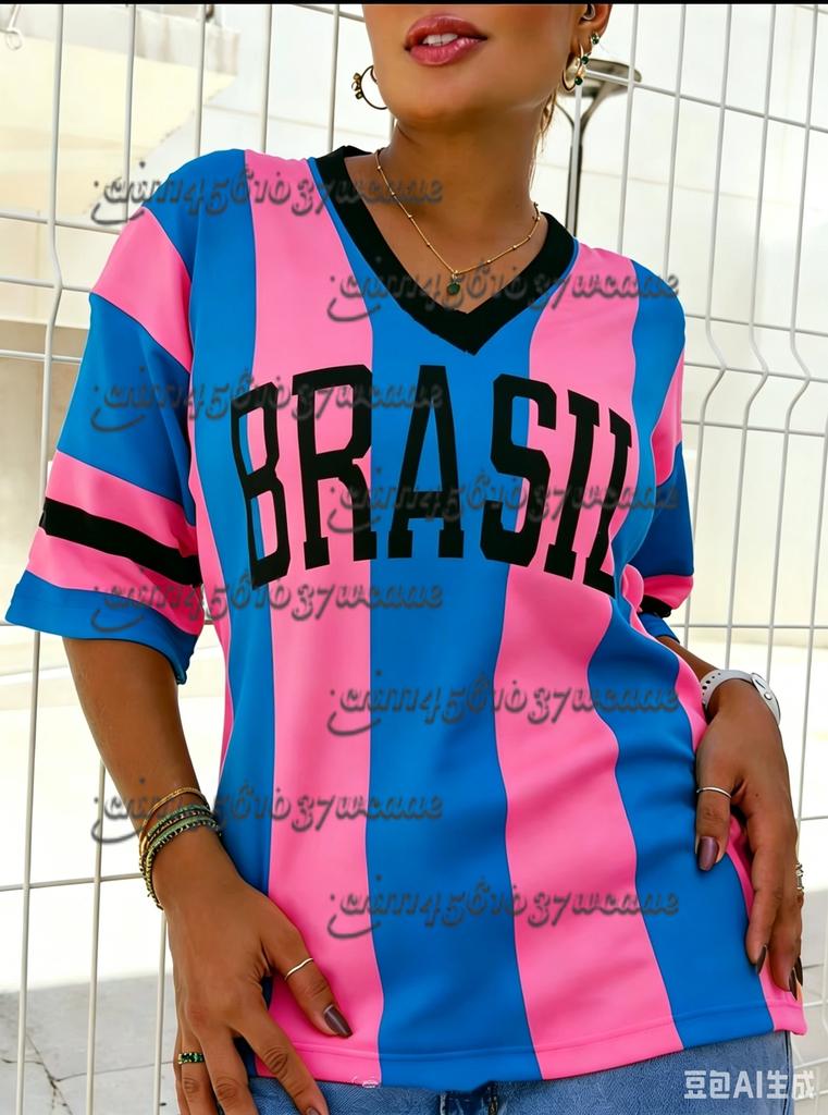 Summer New Vintage Brazil Style Print Women V-Neck T Shirt Patchwork Short Sleeve Sports Tees Football Jersey Y2K New Maternity