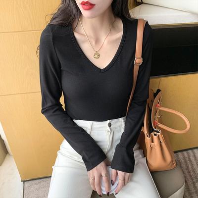 Black Long-sleeved T-shirt for Women, Spring and Autumn New Style, Versatile, Slimming, Threaded Knitted Bottoming Shirt, V-neck Top for Women
