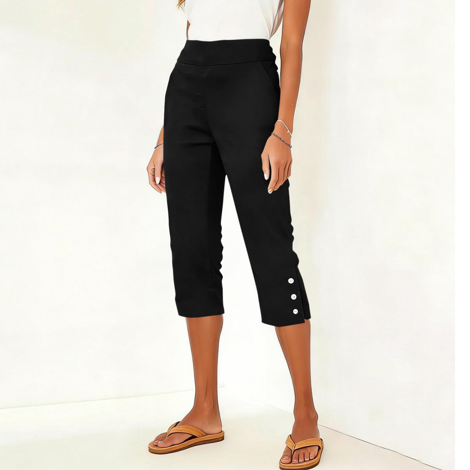 

Women s High Waist Capri Pants Stretchy Casual Cropped Pants with Side Pockets and Button Detail on Leg S чёрный