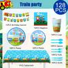 128pcs Train Birthday Party Supplies, Train Party Decorations Tableware Set - Train Plates and Cups Napkins & Train Birthday Banner Tablecloth etc