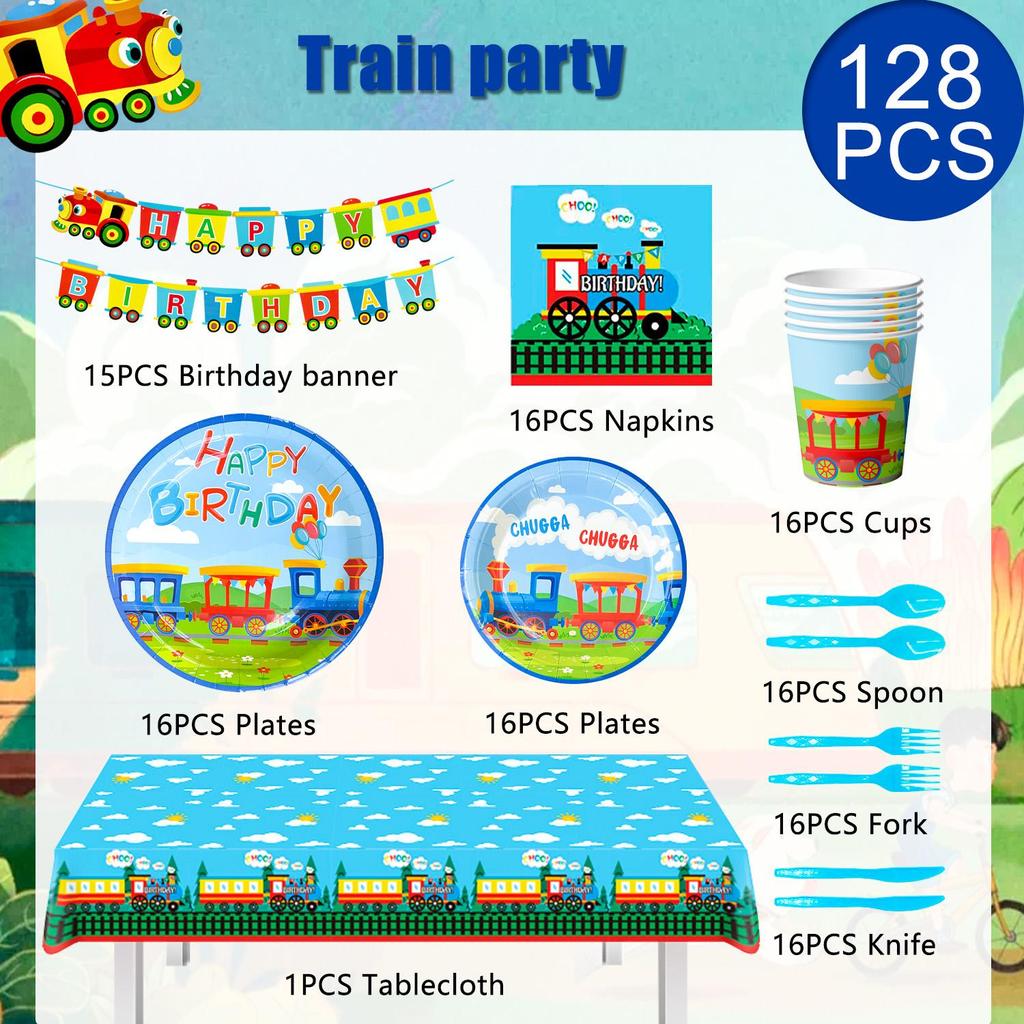 128pcs Train Birthday Party Supplies, Train Party Decorations Tableware Set - Train Plates and Cups Napkins & Train Birthday Banner Tablecloth etc