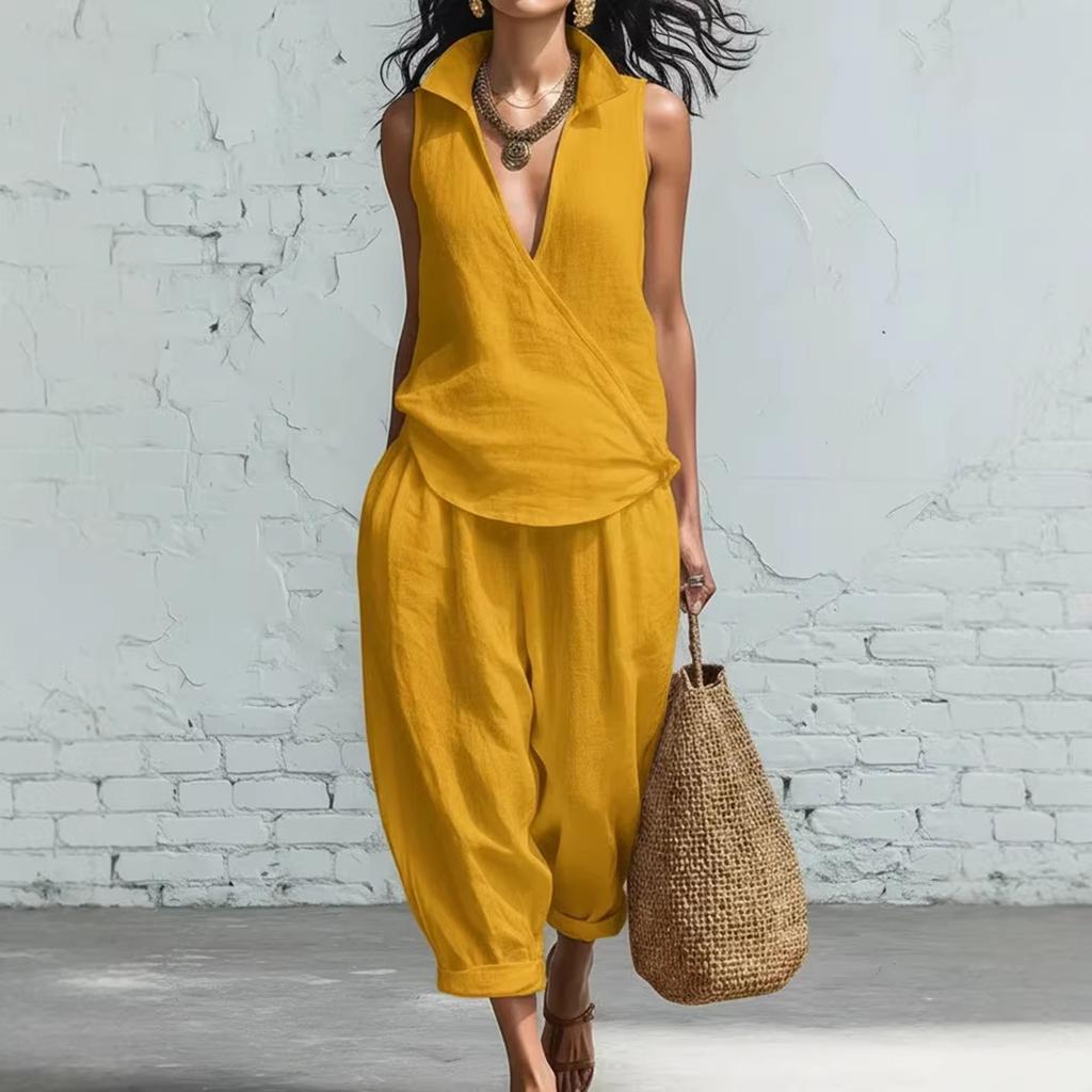 Women's Fashion Sleeveless Loose Minimalist Cotton-Linen Casual Two-Piece Set
