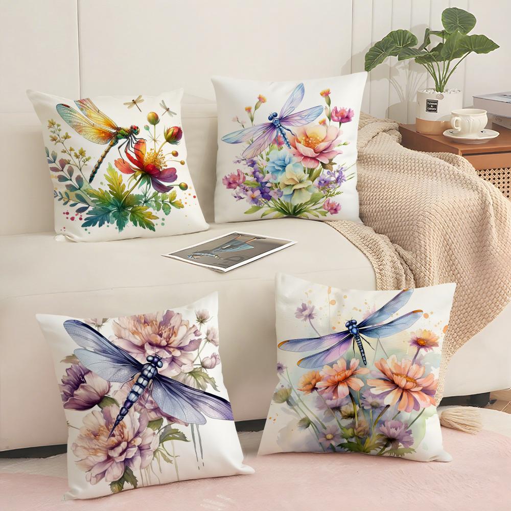 Watercolor Dragonfly and flower Cushion Cover Short plush Doublesided Print Square Throw Pillow Covers Sofa Home Cushion Decor