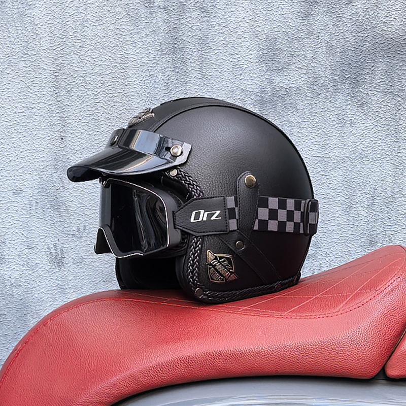 Retro Motorcycle Helmet PU Leather Open 3/4 Chopper Bicycle Helmet CapacetDOT Certification