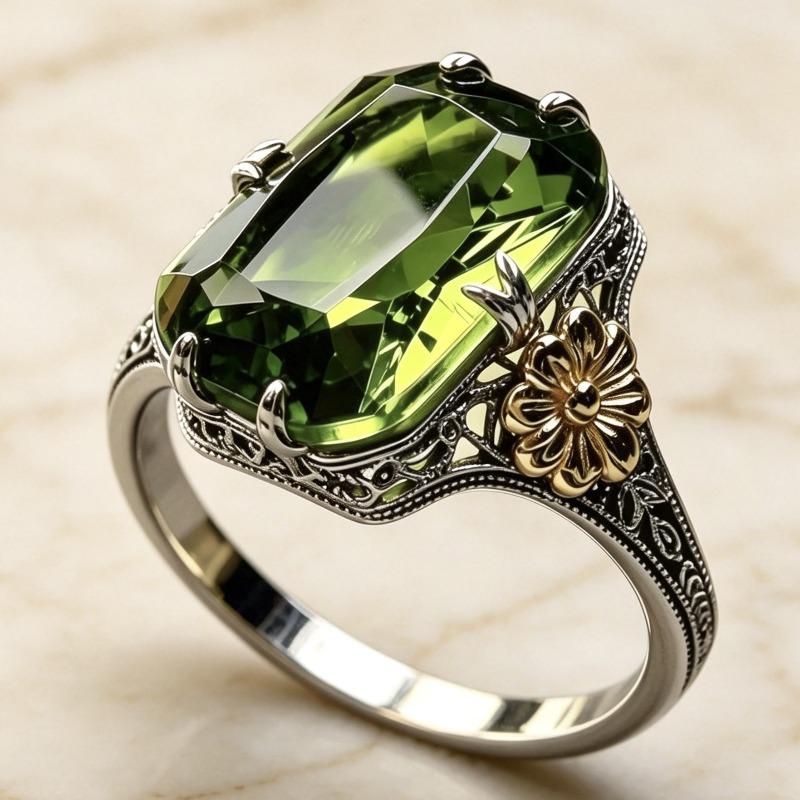 New Two-color Flower Ring, European and American Grandmother Green Topaz Ring, Sunflower Ring for Women no. 6