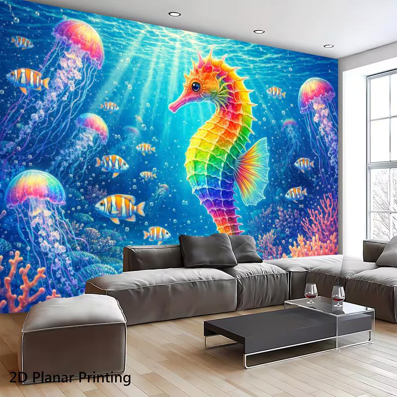2D Ocean Themed Party Backdrop, Rainbow Seahorse Coral Reef Photo Booth Background Banner