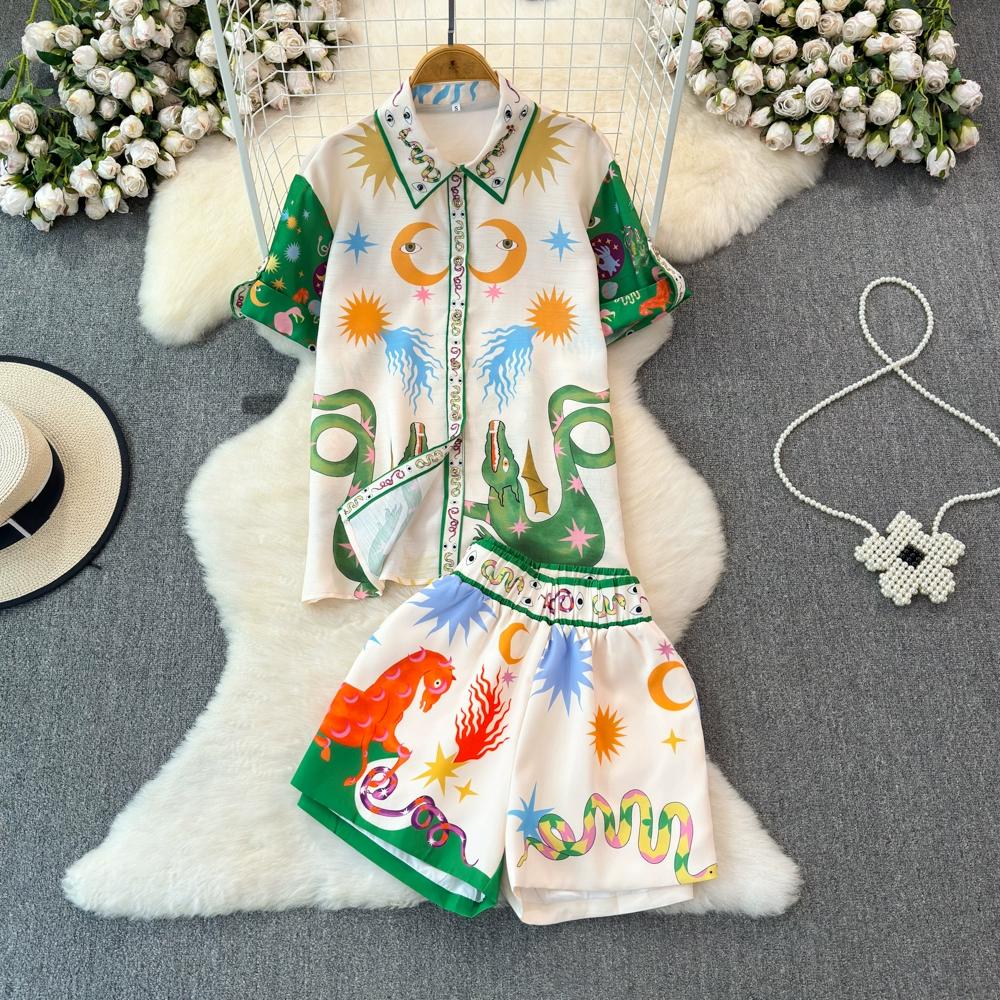 

Летний брендовый дизайнерский винтажный принт со змеиным подиумом, брюки, женская роскошная рубашка с бисером + эластичные шорты, комплект из двух предметов XXL