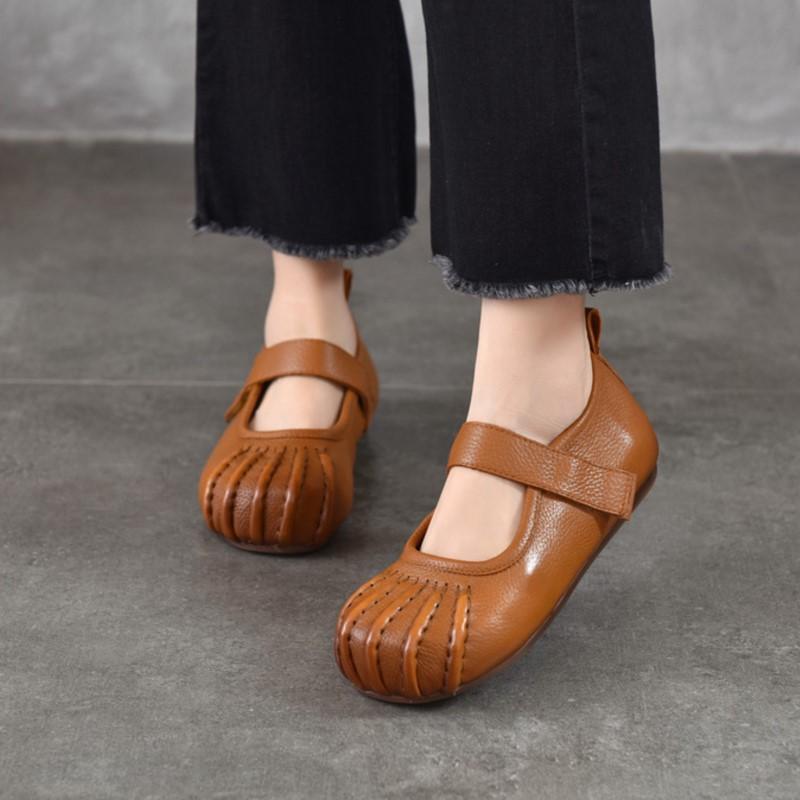 Johnature Echt Leer Zachte Zool Lage Uitsparing Platte Schoenen Comfortabele Ronde Neus Damesschoenen