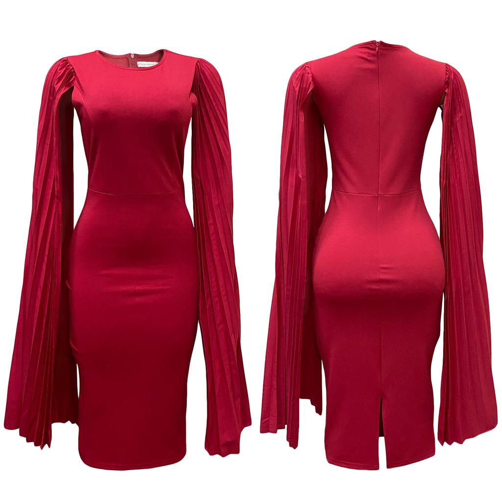 Artı Boyutu Kadın İlkbahar Sonbahar Pilili Yarık Uzun Kollu Elbise Bayanlar Moda Tek Parça Katı Yuvarlak Yaka Kılıf Elbise
