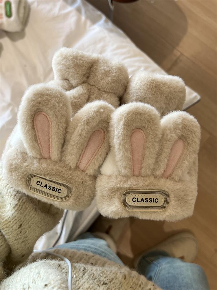 New warm and cold-proof cute rabbit flip open finger gloves female cartoon cute plush sleeves