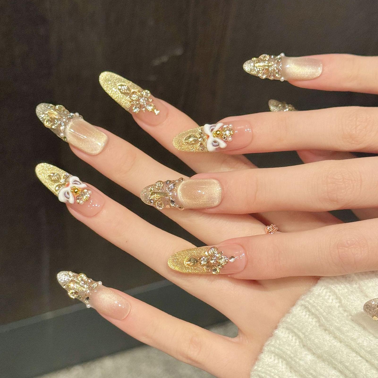 10Pcs Long Oval Gold Glitter Press On Nails with Rhinestones Full Cover False Nails Glamorous Manicure Set XS золотой