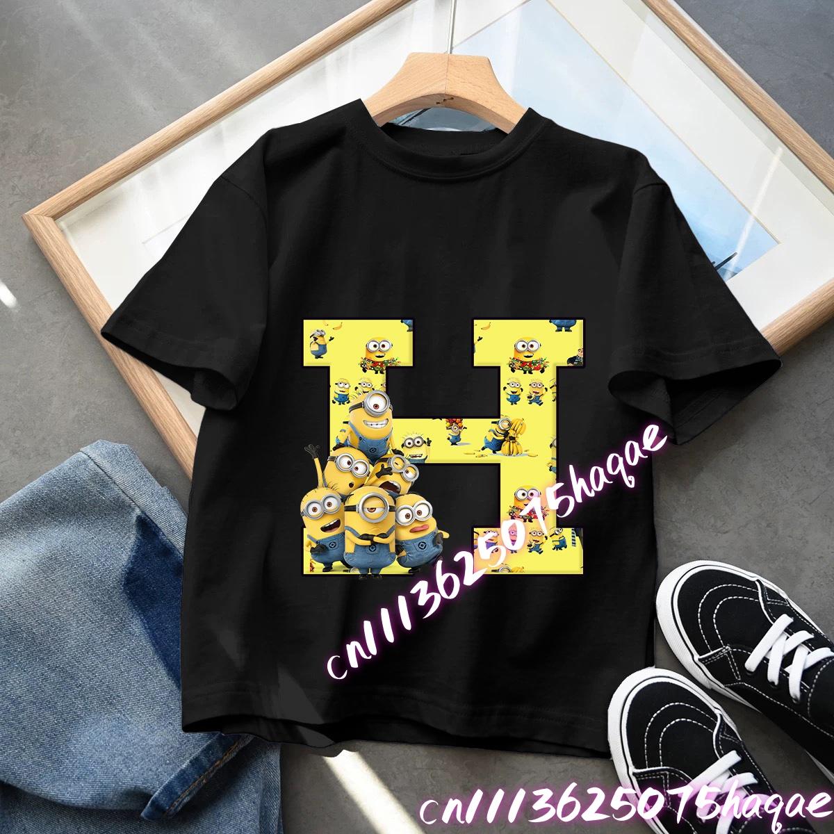 2026 Minions Cartoon Printed Girls TShirt Kawaii Boys Cute Short Sleeve Letter Top Kids Childrens Shortsleeved Top Clothing 100