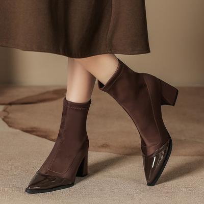 Autumn and Winter New Short Boots Retro Women's Thick Heel Pointed Single Boots Chelsea Advanced Elastic Thin Boots Splicing