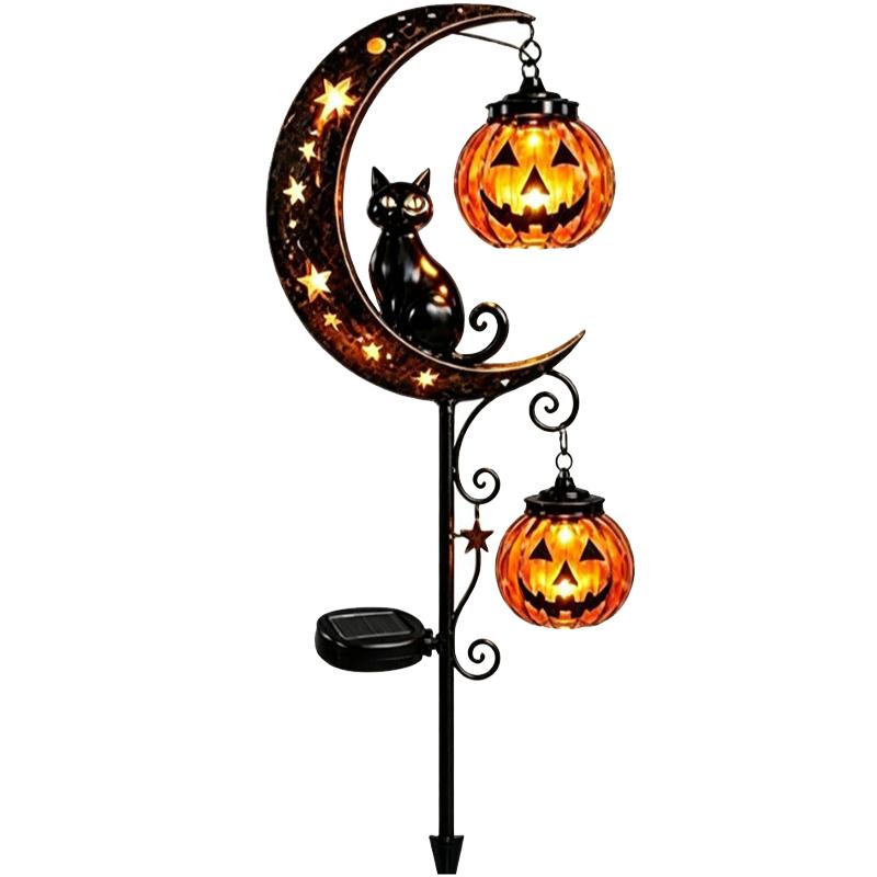 Solar Halloween Moon Black Cat Light Metal Crescent Moon Pumpkin Lantern Ground Lamp Outdoor Pathway Garden Yard Lawn