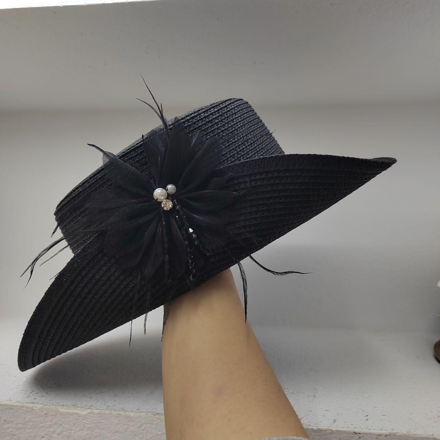 Летняя элегантная шляпа-цилиндр, травяная шляпа, универсальная жемчужная новая модная солнцезащитная шляпа и шляпа-тентик, цветочная шляпа для пляжа чёрный