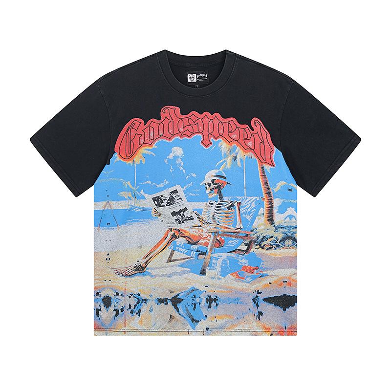 Cross-border trendy brand GS Skull Band Alphabet Printing Washing Water Short Sleeve Loose T-Shirt Men's and Women's High Street Retro Half Sleeve