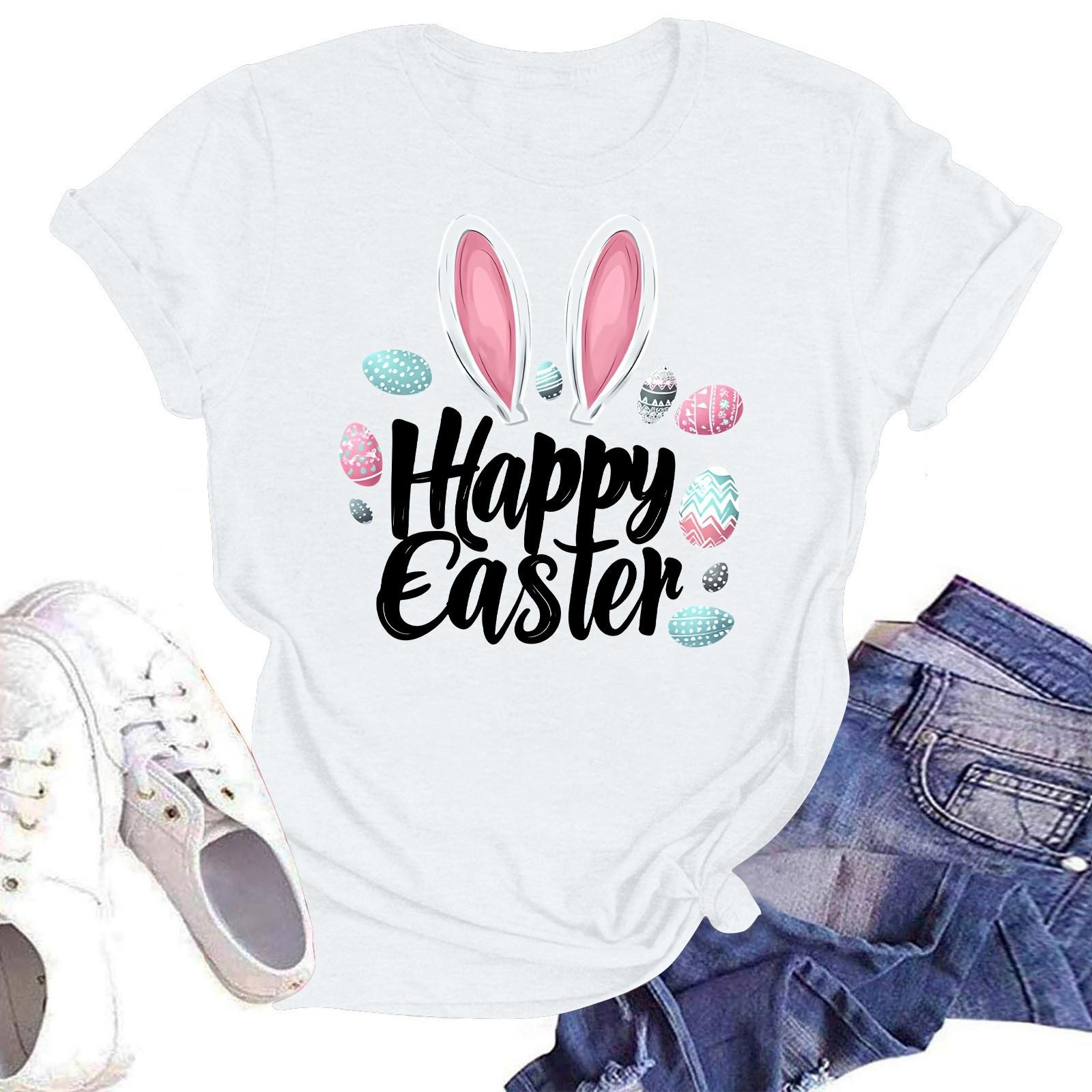 

З Великоднем Жіноча Мода Принтована Футболка з Круглим Вирізом та Коротким Рукавом Пуловер Топ XL білий