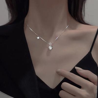 S925 Sterling Silver Necklace, Female Star Cat's Eye Stone Necklace, Fairy and Versatile, Light Luxury, Unique Planet Collar Chain
