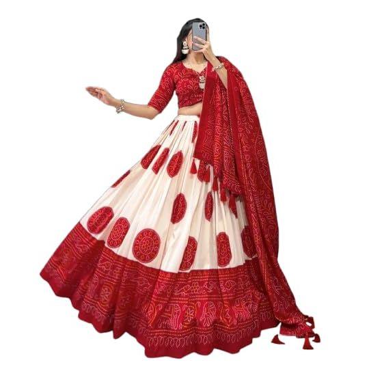 Dames Bandhej Trykt Tussar Silke Lehenga Choli Sett, Usydd Bluse