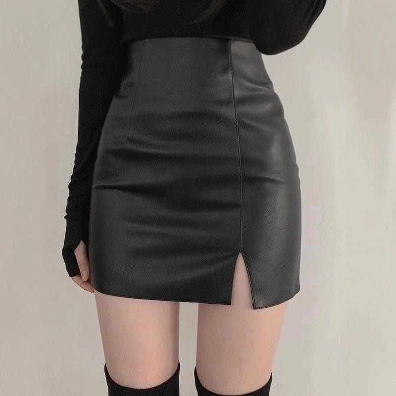 Women's High Waist Pencil Mini Skirt Faux Leather Solid Color Side Split PU Short Skirt