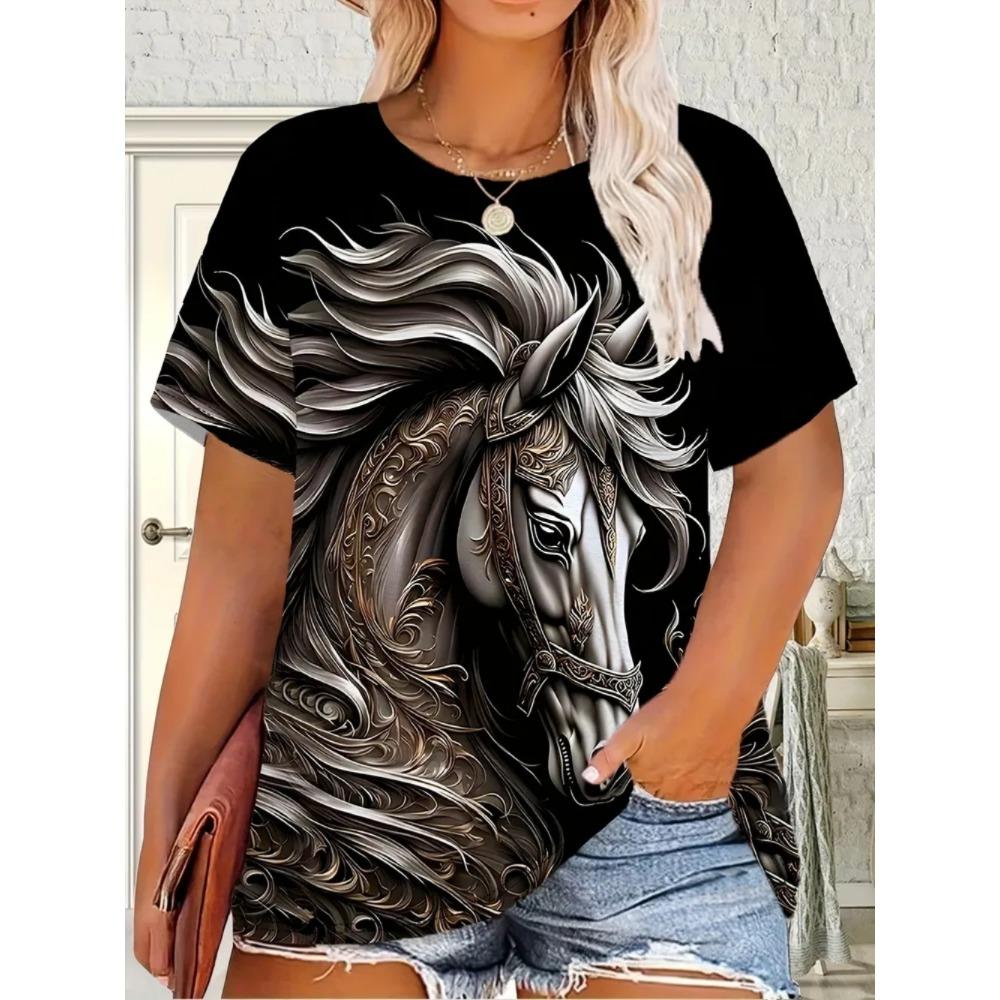 Summer Fashion Loose Oversized Breathable Soft Comfortable Horse 3D Printing Casual Women's Short Sleeve T-Shirt