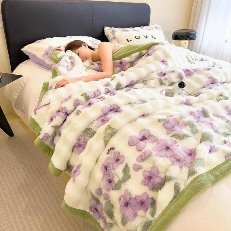 New 600g Big Bubble Rabbit Fur Composite Blanket Milk Fleece Siesta Blanket Double-sided Fleece Sofa Blanket