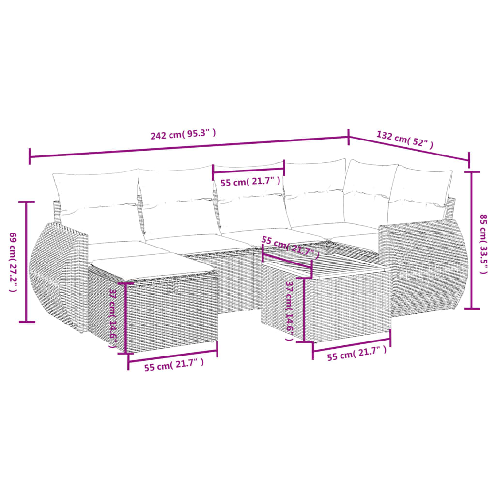 7 Piece Beige Poly Rattan Garden Sofa Set with Cushions
