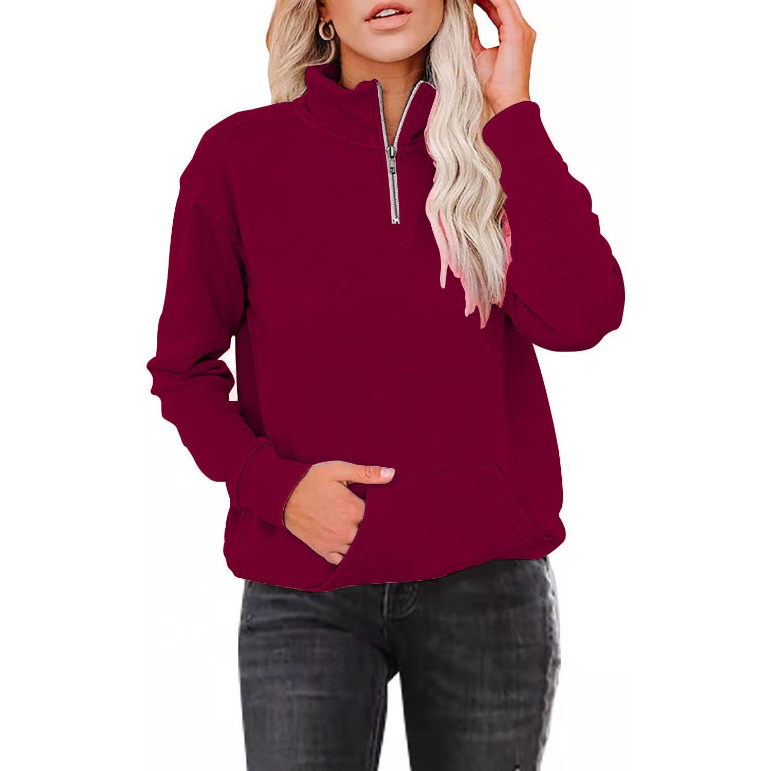 

Осенне-зимний женский новый однотонный свитер с длинными рукавами и застежкой-молнией и воротником-стойкой XXXL вино красного