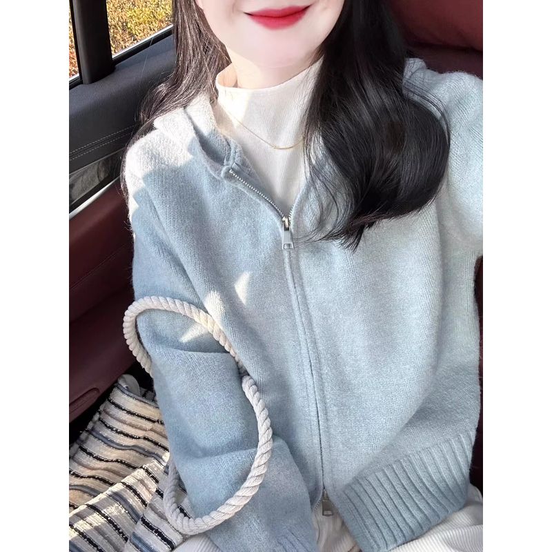 

Blue Hooded Outwear Zipper Short Top Sweater Blue L [Suggested 52.50 kg-57.50 kg]]